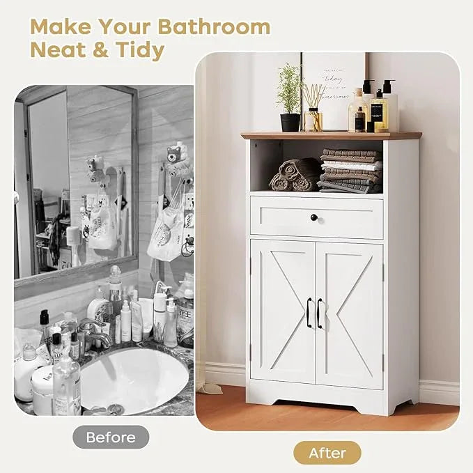 Floor Cabinet, Farmhouse Storage Cabinet with Barn Doors and Drawer, 11.81" D x 23.62" W x 39.37" H White Freestanding Adjustable Shelf Organizer for Bathroom, Kitchen, Living Room - ModernBath