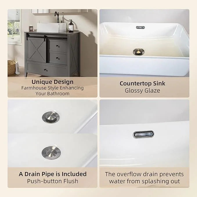 VNN Bathroom Vanity with Sink - 36 Inch Bathroom Vanity with Sink Ceramic, Freestanding Cabinet with Farmhouse Sliding Barn Door and 3 Drawers, Space-Saving Storage Cabinet, Grey - ModernBath