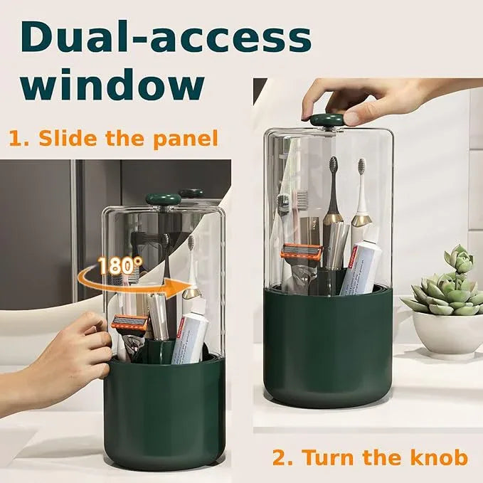 YOOLENS Toothbrush Holder with Cover 360 Rotating 4 Compartments Bathroom Toothpaste Electric Toothbrush Organizer, Dark Green - ModernBath
