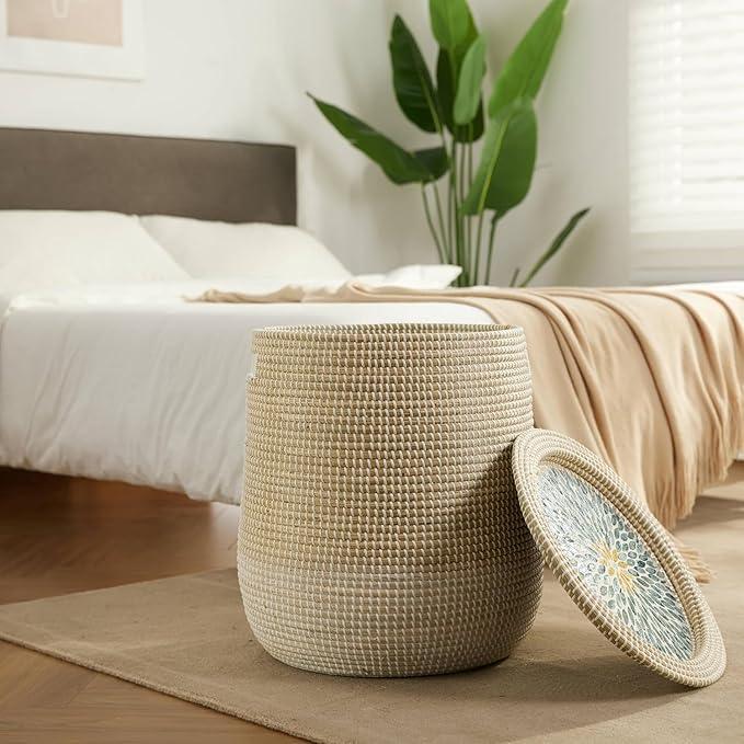 Round Seagrass Laundry Hamper with Lid, 2-Piece Set - Eco-Friendly Storage Basket for Clothes, Toys, and More - Natural Woven Design for Home, Bedroom, Bathroom - ModernBath