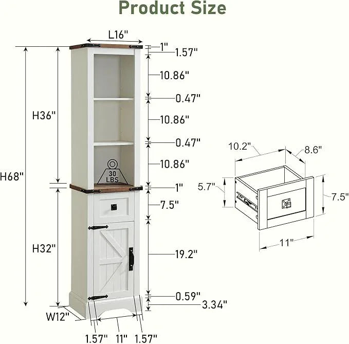 RedLemon Farmhouse Slim Bathroom Storage Cabinet, 68" Tall with Drawer & Adjustable Shelves, Rustic Narrow Storage Cabinet for Living Room, Bathroom, Kitchen, Antique White - ModernBath