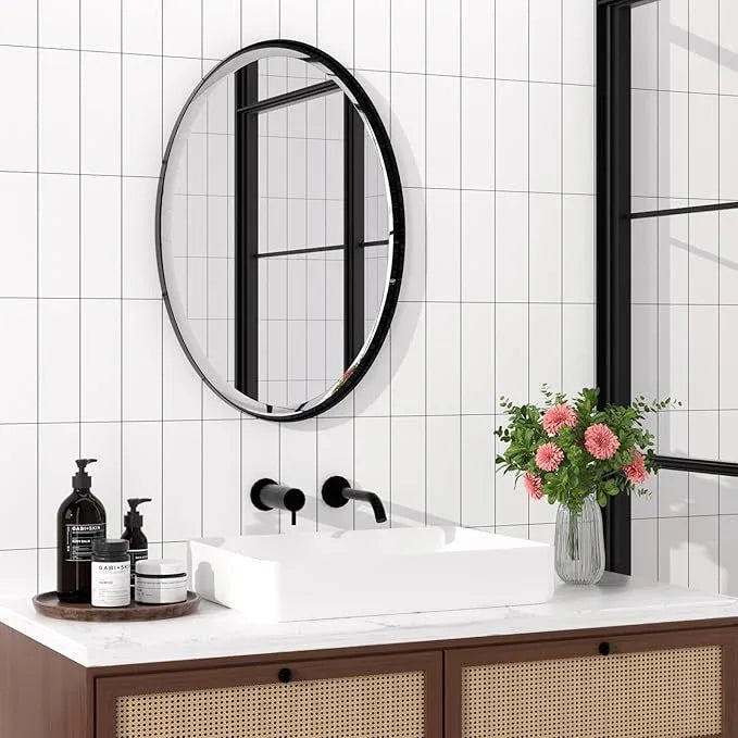 POZINO Oval Bathroom Mirror, 22"x30" Black Beveled Mirrors, Rounded Mirror for Over Sink, Modern Vanity Wall Mirror in Premium Stainless Steel Frame, Wall Mount Hangs Horizontal Or Vertical - ModernBath