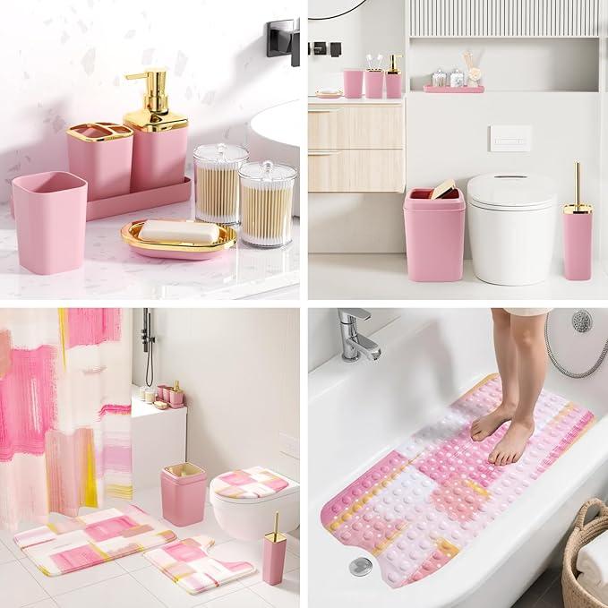 XLHOMO Bathroom Accessories Set - 26PCS Pink Bathroom Set, Bathroom Accessory Set with Shower Curtain and Rugs and Bathtub Mats for Home - ModernBath