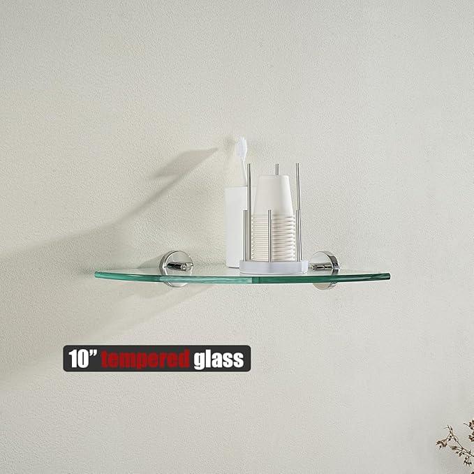JQK Corner Glass Shelf, Polished Chrome Bathroom 304 Stainless Steel Shower Triangle Floating Wall Shelf, 10 x 10 Tempered Glass, 3 Pack, TGS190L10-CH-P3 - ModernBath
