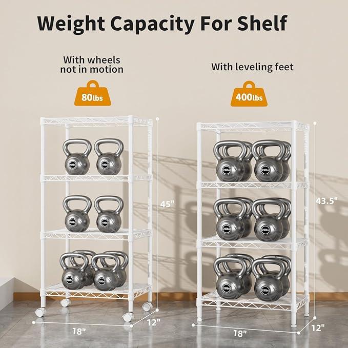 Small 4 Tier Shelves Storage Wire Shelving Unit Metal Shelf Adjustable Organizers Storage Shelving with Wheels for Bathroom Laundry Room Kitchen Pantry12”D x 18”W x 44.8”H White - ModernBath