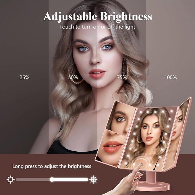 HUONUL Makeup Mirror Vanity with Lights, 2X 3X 10X Magnification, Touch Control, Trifold Mirror, Dual Power Supply, Gifts for Women, Wife, Mom, Teengirls(Rose Gold) - ModernBath
