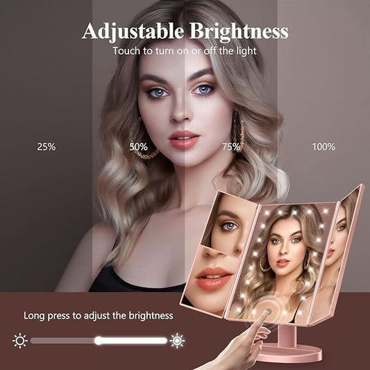 HUONUL Makeup Mirror Vanity with Lights, 2X 3X 10X Magnification, Touch Control, Trifold Mirror, Dual Power Supply, Gifts for Women, Wife, Mom, Teengirls(Rose Gold) - ModernBath