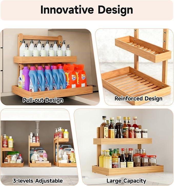 Bamboo Undersink Organizer Storage - 2-Tier Cabinet Shelf with Adjustable Levels, Under Sink Storage Slide Out for Cabinet Pantry Kitchen Bathroom (Natural) - ModernBath