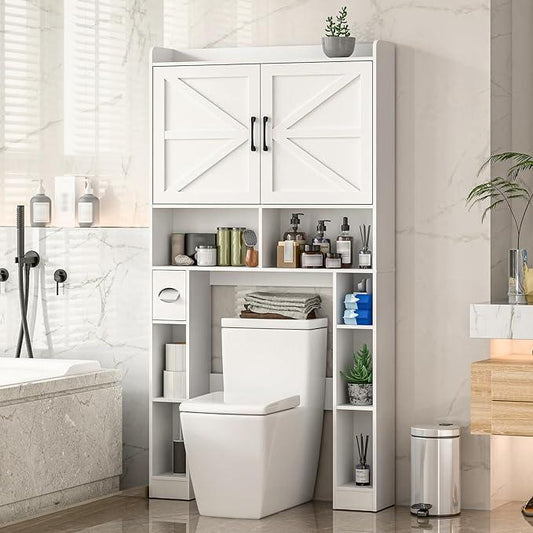 Over The Toilet Storage Cabinet, Farmhouse Toilet Cabinet Rack with Barn Doors, Space Saving Bathroom Organizer with Shelves, Toilet Paper Holder and Towel Rack for Bathroom,Restroom,Laundry（White） - ModernBath