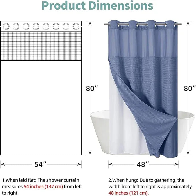 eachope MoonLightBlue No Hook Waffle Weave Shower Curtain with snap-in Liner Replacement, 230GSM Waterproof Fabric Hotel Shower Curtain Set for Bathroom, Through Mesh Top Window,54Wx80H - ModernBath