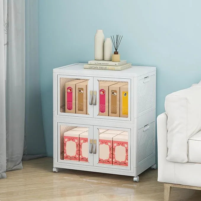 Large Clear Stackable Storage Bins with Lids, 90QT-45QT*2Tier Foldable Cabinet for Closet Organizers, Plastic Storage Box with Wheels White - ModernBath