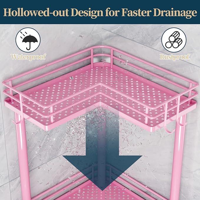 Consumest Corner Shower Caddy Standing - 3-Tier Stainless Steel Shower Organizer with Soap Holder and 4 Hooks, Large Capacity Corner Shelf Stand for Bathroom, Rest Room, Pink - ModernBath