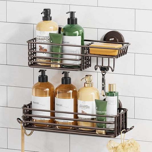 TAILI Shower Caddy Suction Cup 2 Pack with Hooks & Soap Holder, No Drilling Bathroom Organizer with Large Capacity, Heavy Duty Shower Organizer for Bathroom,Metal Storage Basket-Brown - ModernBath