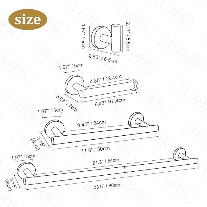 TURS Matte Black 10 Pieces Bathroom Hardware Set, SUS304 Stainless Steel 24 Inch Bath Towel Bar Set, Round Bathroom Accessories Kit Wall Mounted - ModernBath