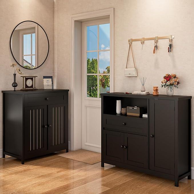 Storage Cabinet with Doors and Drawers,Kitchen Storage Cabinets，with Drawer and Adjustable Shelf (Black) - ModernBath