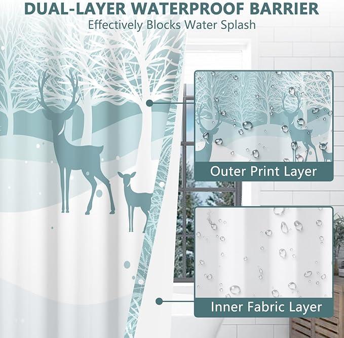 TQUQOBU No Hook Reindeer Christmas Shower Curtain with Snap in Liner, Waterproof Winter Shower Curtain with Sheer Top Window, Snowy Forest Holiday Shower Curtains for Bathroom, 71x74 Inches - ModernBath
