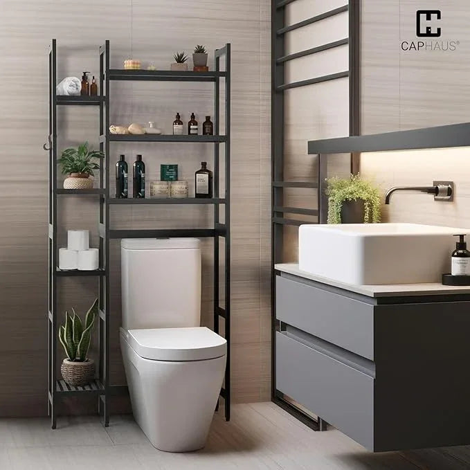 CAPHAUS Over -The -Toilet Storage Shelf,7-Tier Bamboo Bathroom Organizer Shelf Rack Over Toilet with Adjustable Feet & Hooks, Freestanding Toilet Shelf for Bathroom Laundry Balcony Plant Stand,Black - ModernBath