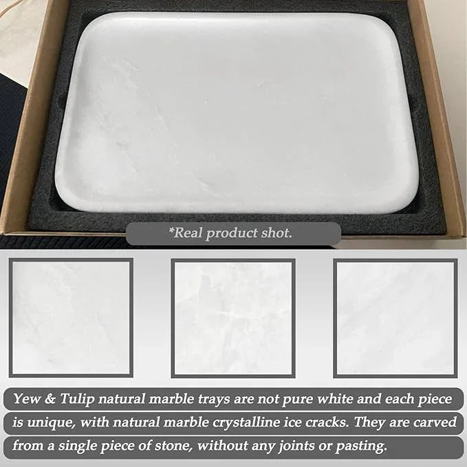 Yew & Tulip 14" x 8.5" Natural Marble Tray for Kitchen, Bathroom, Living Room – Serving/Decorative Vanity Tray for Jewelry, Candles, Decor (Matte White) - ModernBath