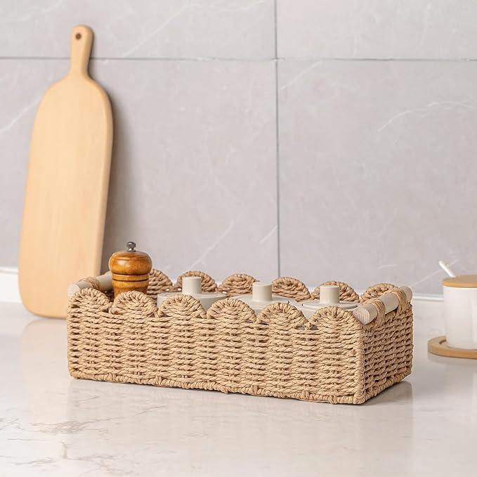 CubesLand Paper Rope Scalloped Edge Toilet Paper Storage Basket, Small Living Room, Bedroom Decor Baskets for Over Toilet Storage Shelf, End Table, Shelves and More, with 2 Wooden Handle, Neutral - ModernBath
