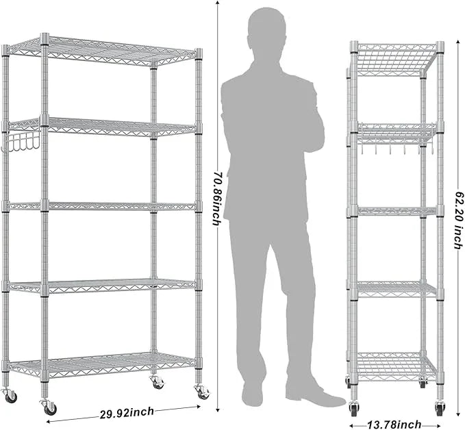Homdox 5 Tier Adjustable Rolling Storage Shelves, Heavy Duty Wire Racks and Shelving, Metal Shelves for with Side Hooks Pantry Closet Kitchen Garage Organization, Silver Gray - ModernBath