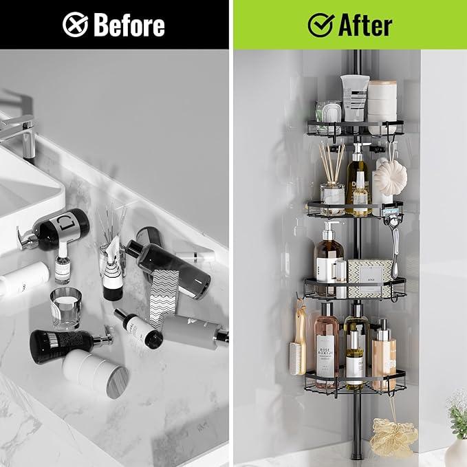 LAMU Shower Caddy Tension Pole with Adjustable Height, 4 Tier Baskets & Hooks, Corner Shower Caddy Tension Pole for Bathroom or Bathtub Corner Storage, Black - ModernBath