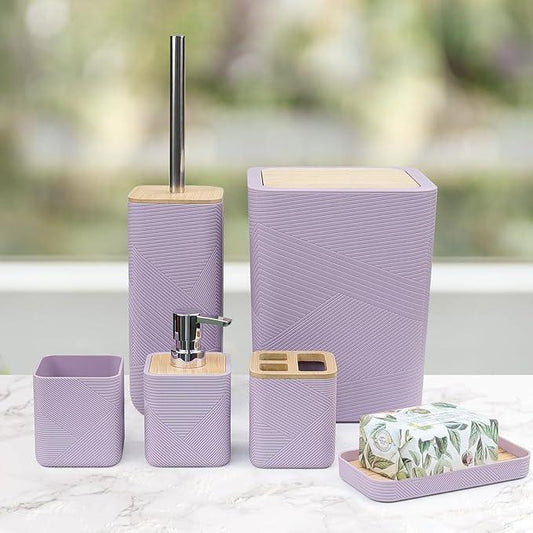 CERBIOR Bathroom Accessories Set 6 Piece Bamboo Bath Ensemble Includes Soap Dispenser, Toothbrush Holder, Toothbrush Cup, Soap Dish for Decorative Countertop and Housewarming Gift (Purple) - ModernBath