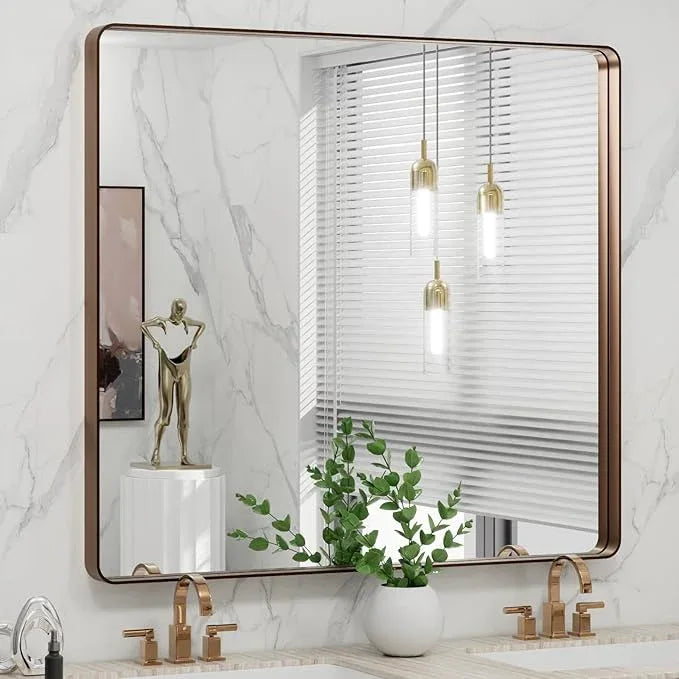 LOAAO 40”X36” Bronze Bathroom Mirrors for Vanity, Rounded Rectangle Brushed Bronze Metal Frame Mirror, Anti-Rust, Tempered Glass, Hangs Horizontally or Vertically - ModernBath