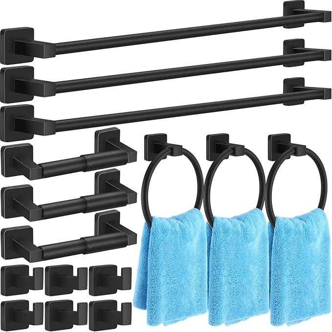 Gisafai Bathroom Hardware Set, Towel Bar Set Stainless Steel Wall Mounted, 23.6/16 Inches Hand Towel Bar, Ring, Robe Hooks, Toilet Paper Holder, Bathroom Rack (Matte Black,15 Pcs) - ModernBath