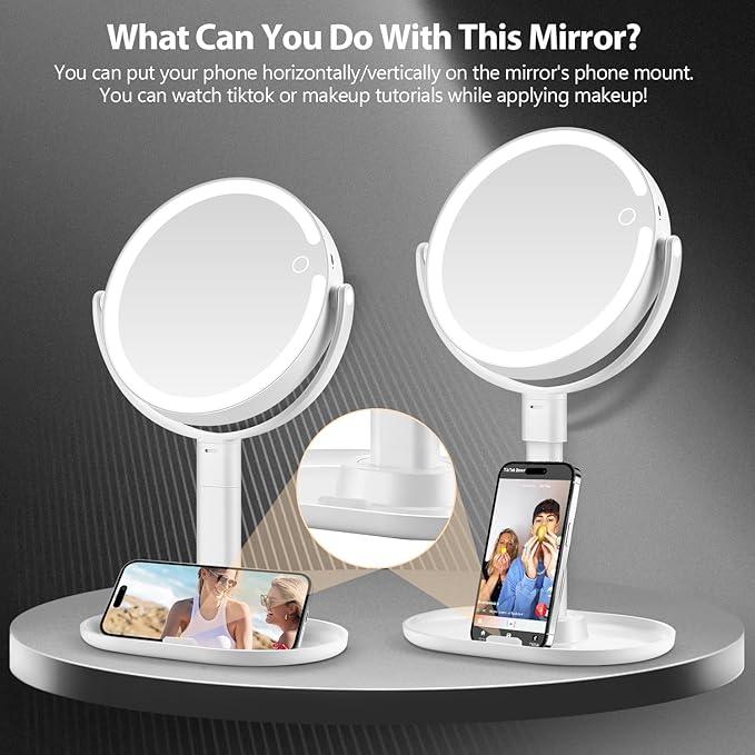 MIYADIVA Makeup Mirror with Lights, 30X Magnifying Mirror with Light and Touch Switch, Vanity Mirror with 3 Color Light and 80 LEDs, Height Adjustable Desk Mirror with Lights, White - ModernBath