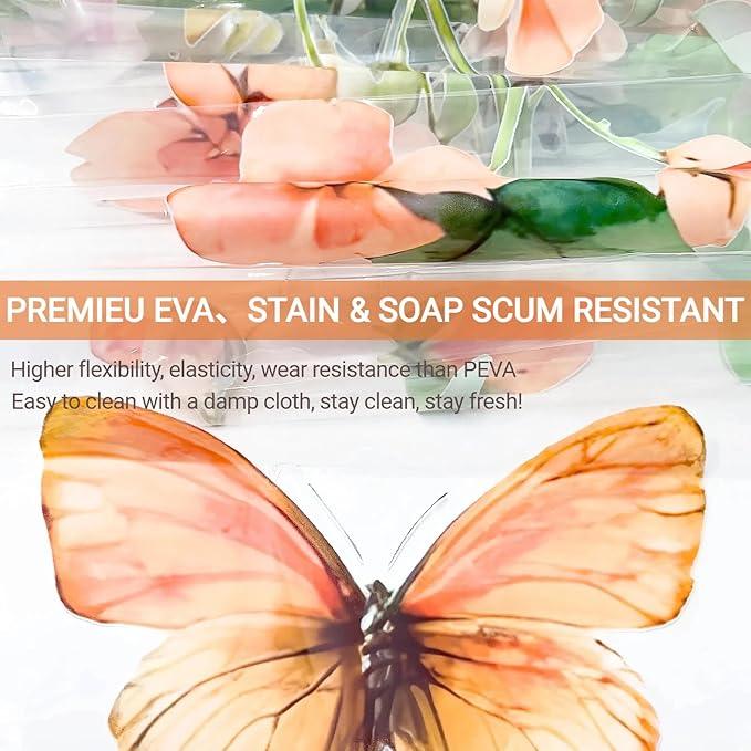 Clear Colorful Floral Butterfly Shower Curtain Liner, Plastic Pretty Pink and Orange Flower Green Eucalyptus Leaf Shower Curtains for Bathroom, 72x72 Weighted Magnetic Shower Curtain Set with 12 hooks - ModernBath