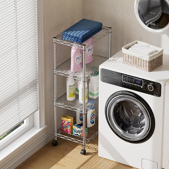 SINGAYE 4 Small Shelves Storage Shelf Wire Shelving Unit Metal Shelf Adjustable Organizers Storage Shelving with Wheels for Bathroom Laundry Room Kitchen Pantry - ModernBath