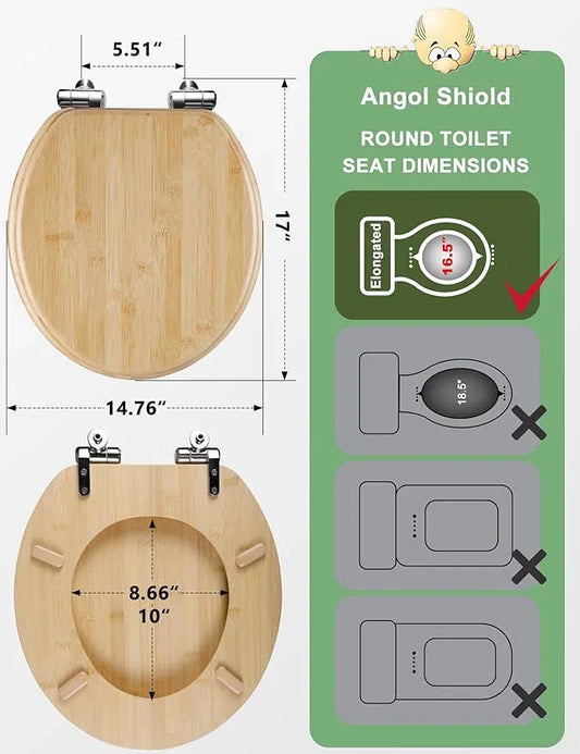 Angol Shiold ROUND Bamboo Wood Toilet Seat Soft Close Zinc Alloy Strong Hinges, Light, Easy to Install & Clean, Up to 400 lbs (Elongated 16.5", Natural Bamboo) - ModernBath