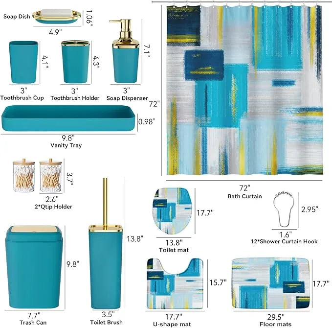 XLHOMO Bathroom Accessories Set - 25PC Bathroom Set with Shower Curtain and Rugs, Teal Blue Bathroom Set, Bathroom Accessory Set with Press-on Lid Trash Can, Soap Dispenser and Qtip Holders - ModernBath
