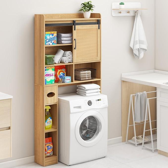 Over The Toilet Storage Cabinet, Farmhouse Rattan Storage Cabinet Over Toilet with Sliding Doors & Toilet Paper Holder Stand, Home Space-Saving Toilet Rack, for Bathroom, Laundry(Rattan Oak). - ModernBath