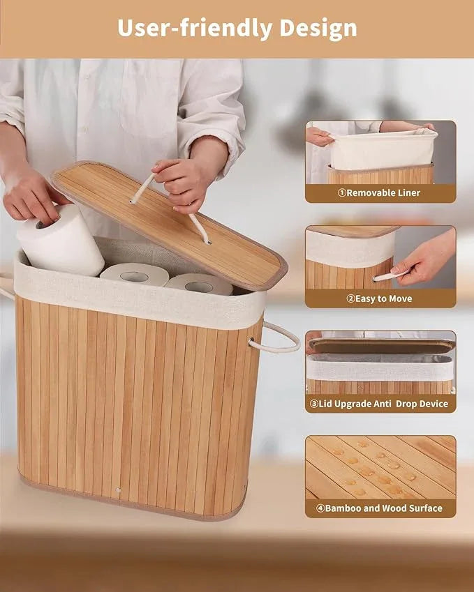 Bamboo Toilet Paper Storage with Lid & Handel, 8 Gallons (30L), Sturdy Toilet Paper Basket, Organizer for Bathroom, Kitchen, Holder with Storage, Natural - ModernBath