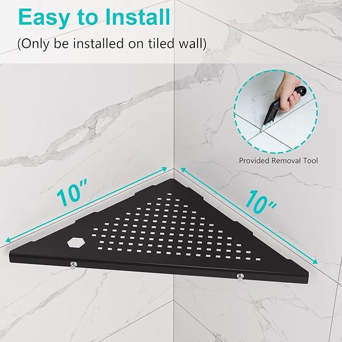10" Bathroom Corner Shelf, 2 Pack Recessed Shower Shelf Caddy, SUS304 Stainless Steel Shelf Wall Mount Triangular, No Drilling Matte Black - ModernBath