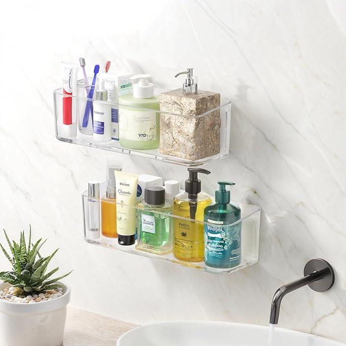 2 Pcs Clear Shower Shelf, Large Bathroom Wall Mounted Shower Caddy, No Drill Self Adhesive Bathroom Organizer with Self Adhesive Tape - ModernBath