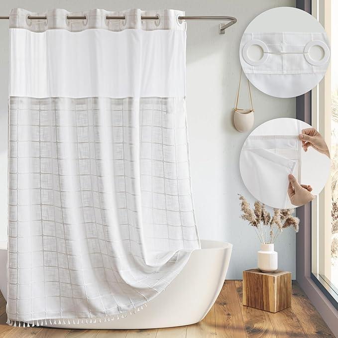 River Dream White Farmhouse Shower Curtain with Snap-in Liner, No Hooks Needed,with Magnets,with Tassels,Water Repellent&Machine Washable,71x86Inch - ModernBath