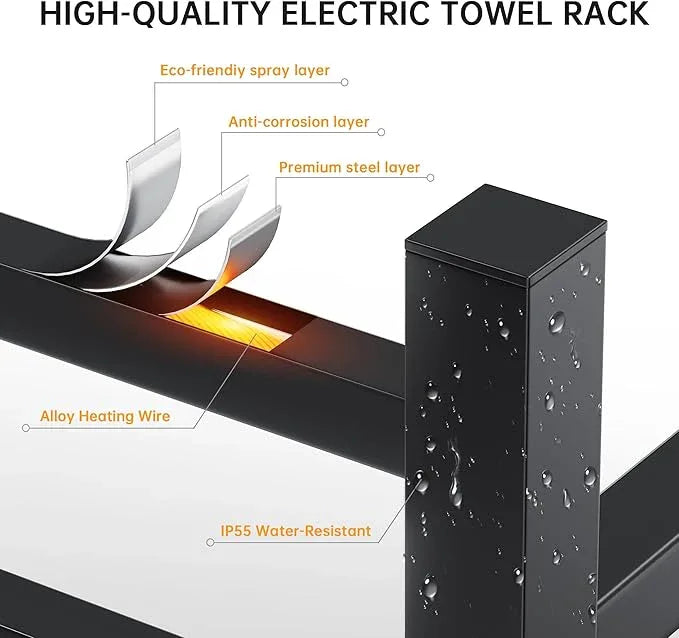 Towel Warmer Rack, Heated Towel Racks for Bathroom, Wall Mounted Towel Warmer, Stainless Steel 8-Bars Drying Rack with Intelligent Touch Screen Timer, Matte Black - ModernBath