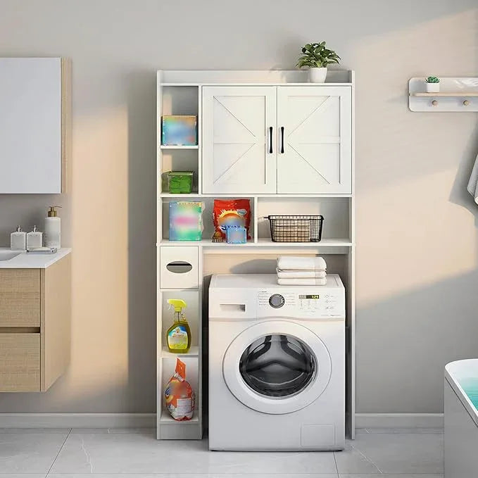 Vabches Over The Toilet Storage Cabinet, Farmhouse Storage Cabinet Over Toilet with 2 Barn Door & Toilet Paper Holder Stand，Home Space-Saving Toilet Rack, for Bathroom, Restroom, Laundry - ModernBath