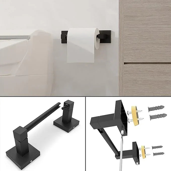 Ruacq Matte Black Toilet Paper Holder Towel Ring Bathroom Accessories Hardware Set Double Post Pivoting Toilet Roll Holder Square Stainless Steel and Zinc Alloy Modern Wall Mounted 2 Pieces - ModernBath