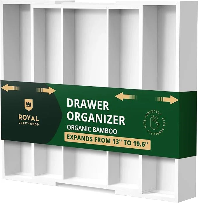 ROYAL CRAFT WOOD Luxury Bamboo Kitchen Drawer Organizer - Silverware Organizer - Utensil Holder and Cutlery Tray with Grooved Drawer Dividers for Flatware and Kitchen Utensils (5 Slot, White) - ModernBath