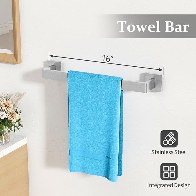 Bathroom Accessories Hardware Set Brushed Nickel 5-Piece, Stainless Steel Towel Racks for Bathroom, 16 Inch Bath Towel Bar Set Wall Mounted - ModernBath