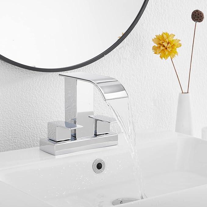 GGStudy Chrome Bathroom Faucet Modern 2 Handles 4 Inches Centerset RV Waterfall Bathroom Vanity Faucet with Drain Assembly - ModernBath