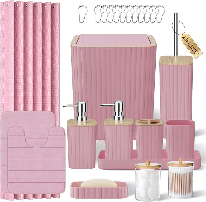XLHOMO Bathroom Accessories Set - 25PC Pink Bathroom Set, Bathroom Set with Shower Curtain and Rugs, Pink Shower Curtain Set, Toilet Brush, Bathroom Trash Can - ModernBath