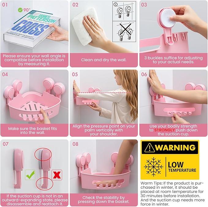 TAILI Corner Shower Caddy with Suction Cups, Wall Mounted Organizer Plastic Rack for Small Bathrooms, Kitchen, Removable Drill-Free Heavy Duty Shelf Basket, PINK - ModernBath