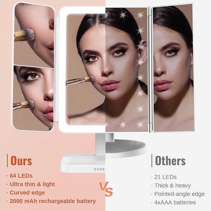 EASEHOLD Lighted Makeup Mirror with 3X Magnification, 3 Color Lights & Touch Sensor - Rechargeable Trifold Vanity Mirror for Travel, Desk, Home Use - ModernBath