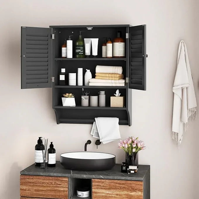 Giantex Bathroom Cabinet Wall Mounted - Hanging Medicine Cabinet with 2 Louvered Doors, 3-Position Adjustable Shelf, Towel Bar, Over The Toilet Space Saver (Black) - ModernBath