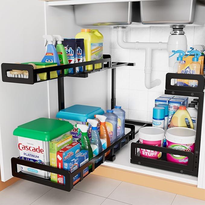 Under Sink Organizer, Metal Large Capacity 2-Tier Sliding Cabinet Storage Rack, Heavy-Duty Rust-Resistant Steel Frame, Holds 50 lbs, Adjustable Height 12–16", 14"D x 11"W for Kitchen & Bathroom, Black - ModernBath