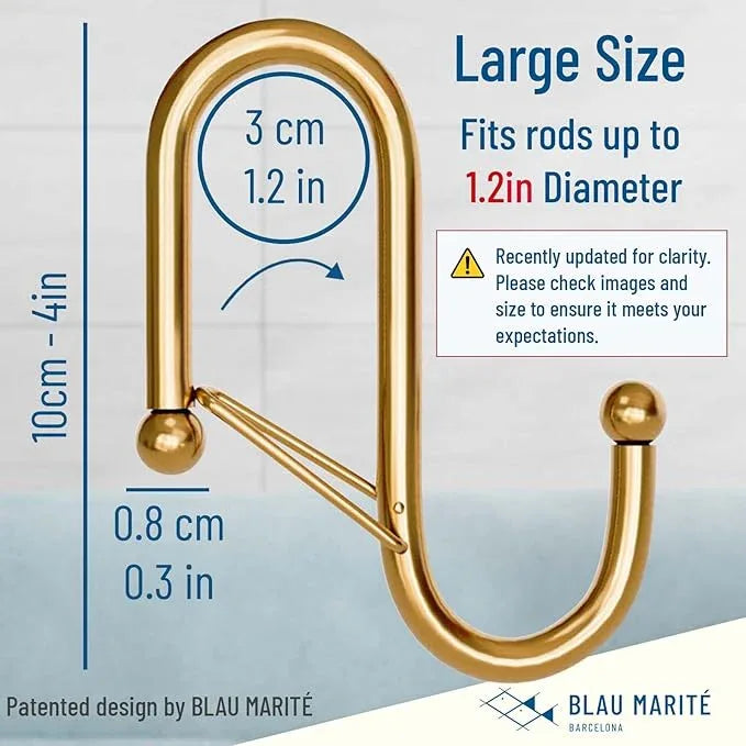 Blau Marité 6-Pack Metal S Hooks for Hanging – Heavy-Duty S-Shaped Hook with Safety Buckle – Fits Bars up to 1.2 in – Anti-Drop S-Hooks for Closet, Wardrobes & Storage – Golden (Large) - ModernBath